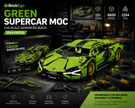 BrickEgo Green Supercar MOC – 1:14 Scale Advanced Build | 1254 Pieces