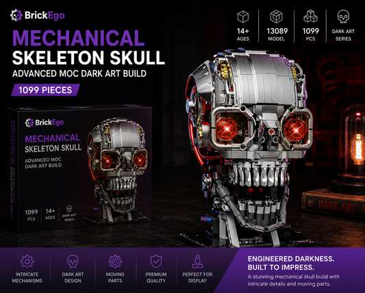 BrickEgo Mechanical Skeleton Skull – Advanced MOC Dark Art Build | 1099 Pieces