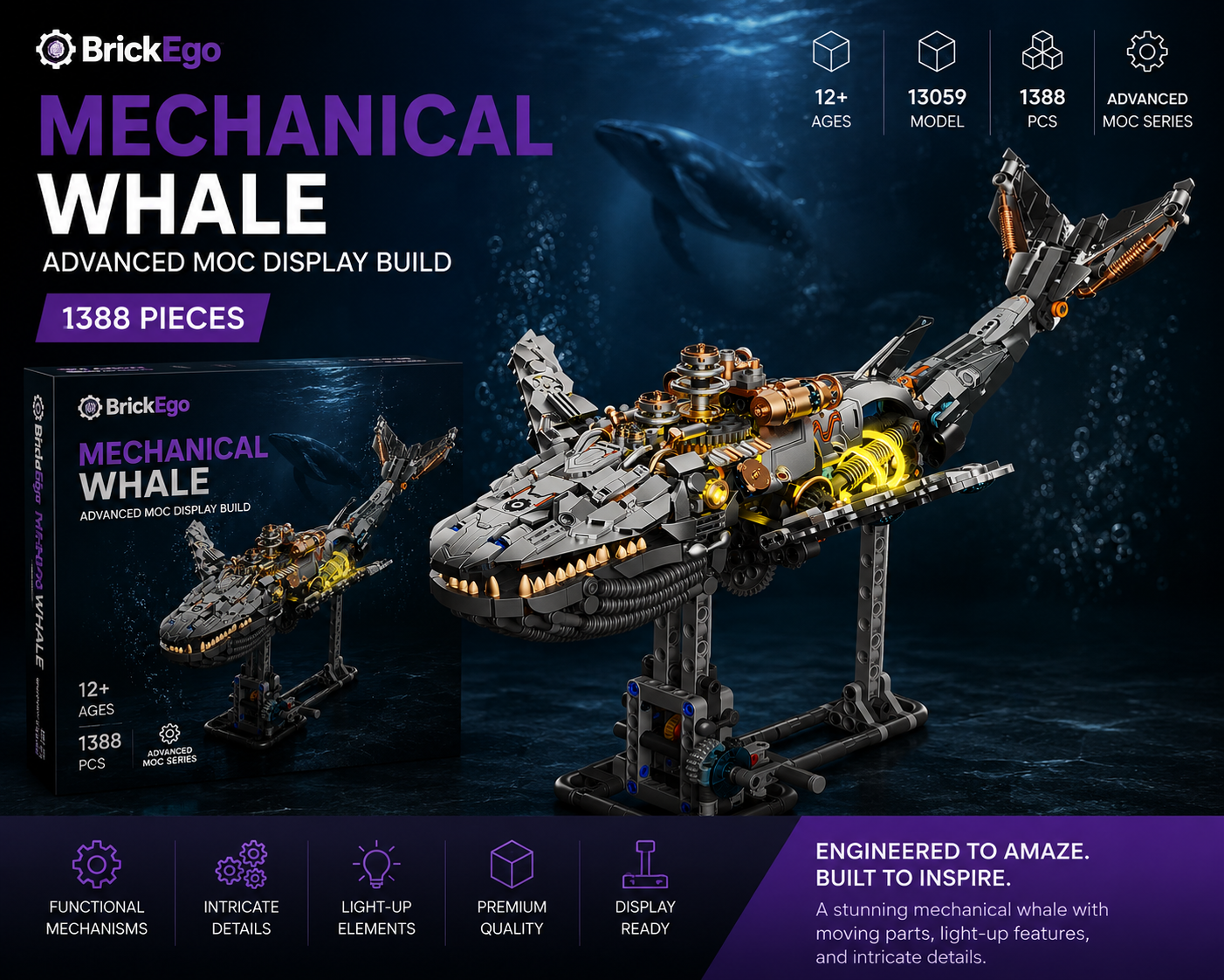 BrickEgo Mechanical Whale – Advanced MOC Display Build | 1388 Pieces