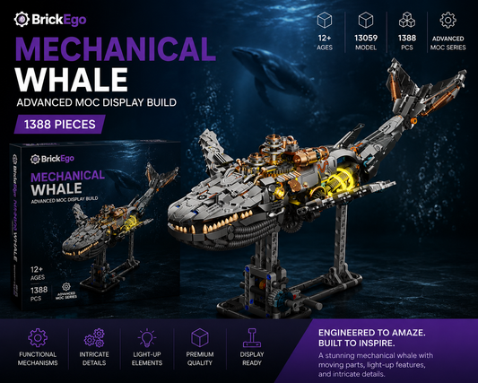 BrickEgo Mechanical Whale – Advanced MOC Display Build | 1388 Pieces